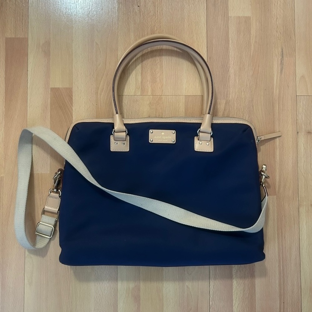 kate spade navy nylon laptop bag with cream leather trim